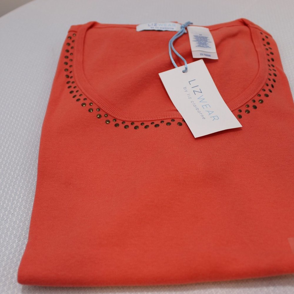 Lizwear by Liz Claiborne Women's short sleeve with decorative neck line (CORAL)